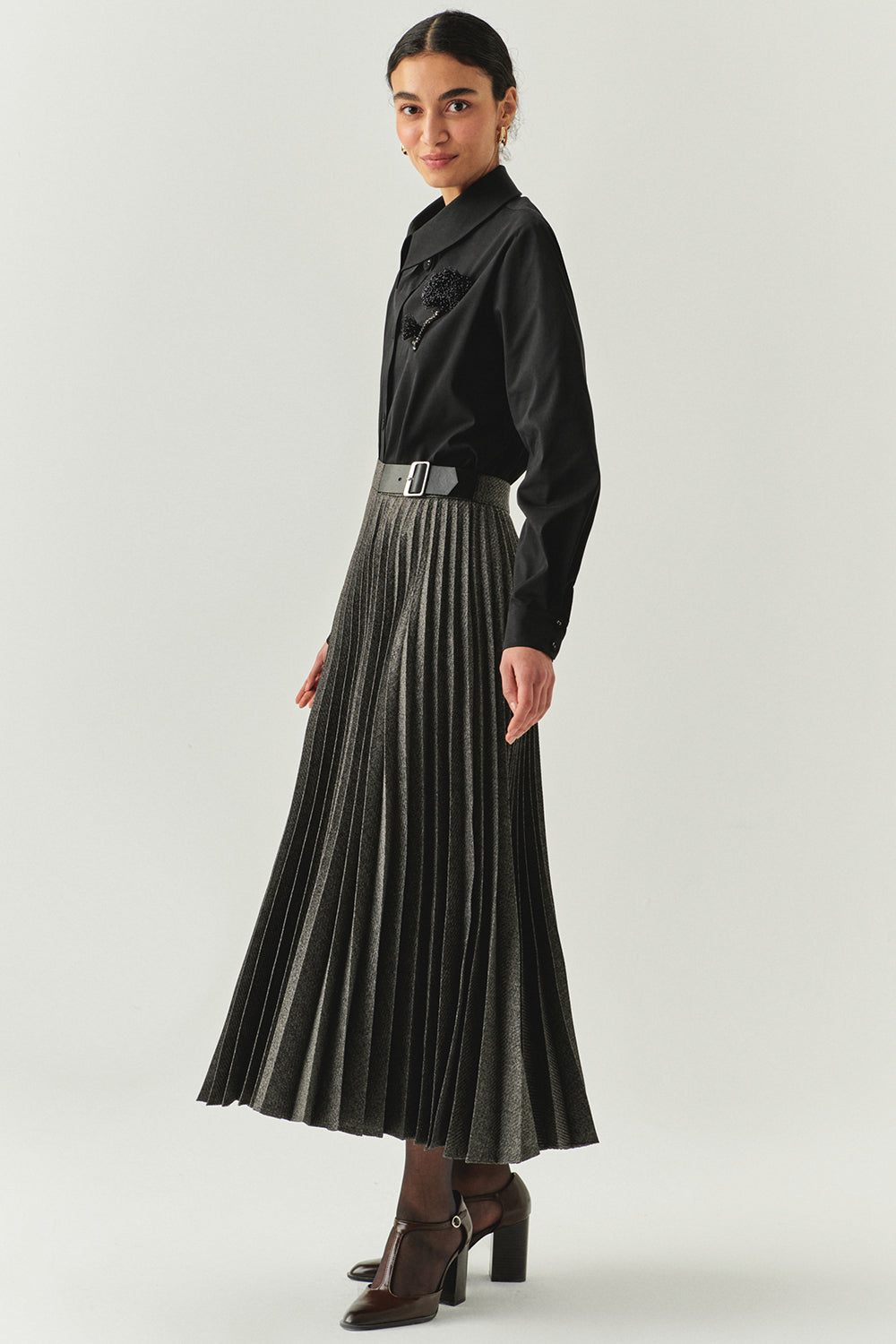 Jayda Grey Pleated Midi Skirt