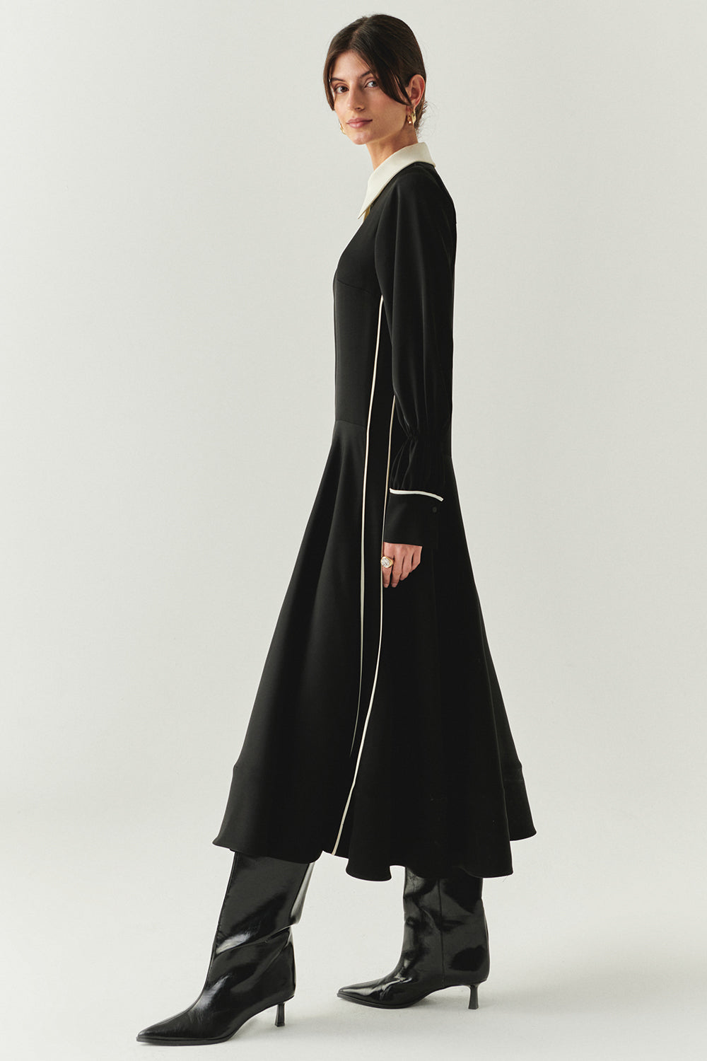 Journi Black Shirt Dress with White Collar and Piping