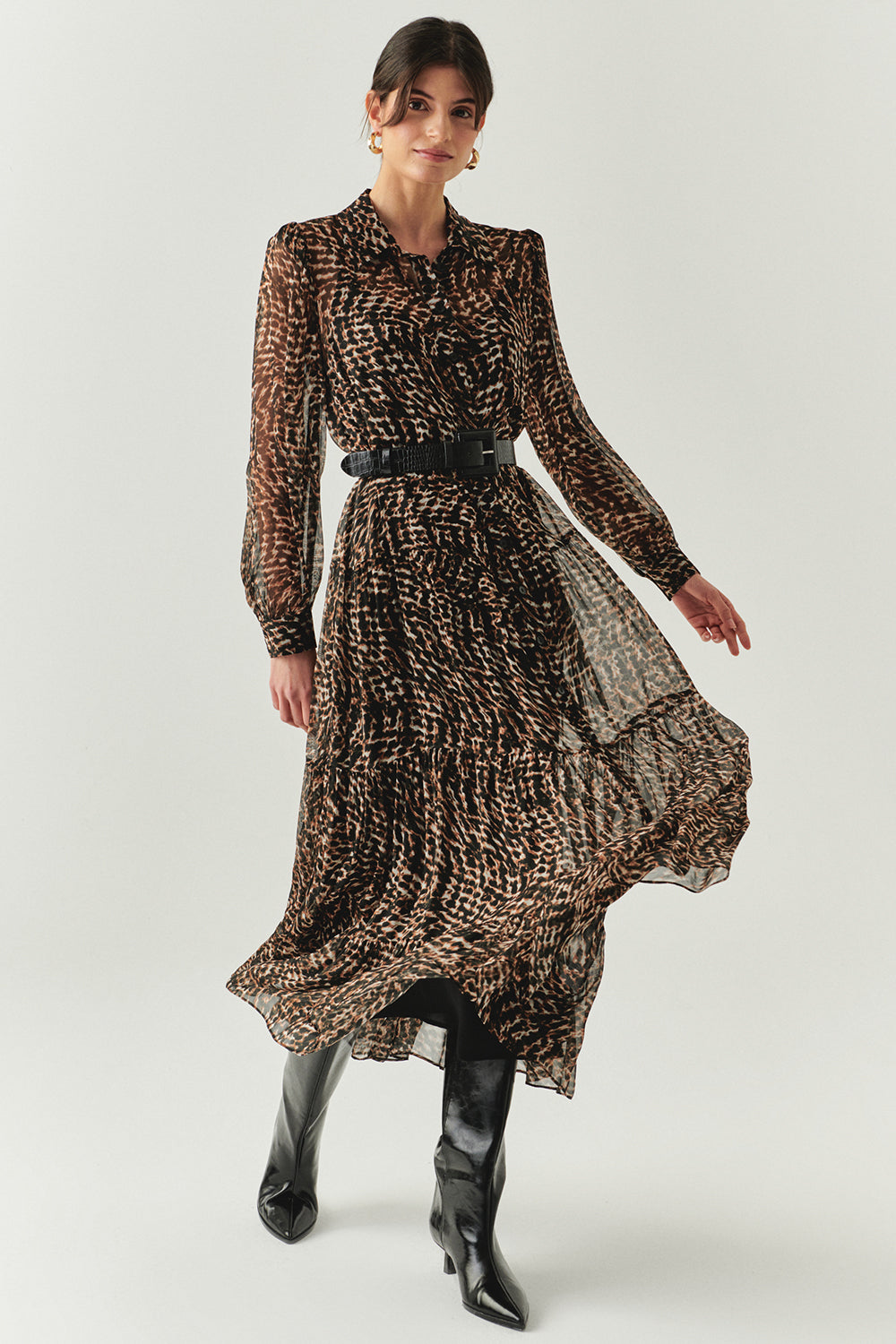 Aliza Printed Chiffon Belted Shirt Dress