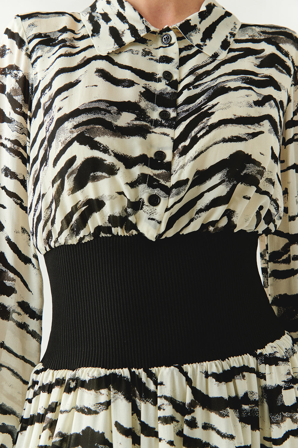 Zebra Patterned Waist Ribbed Regular Lined Midi Black Bone Dress Black Bone