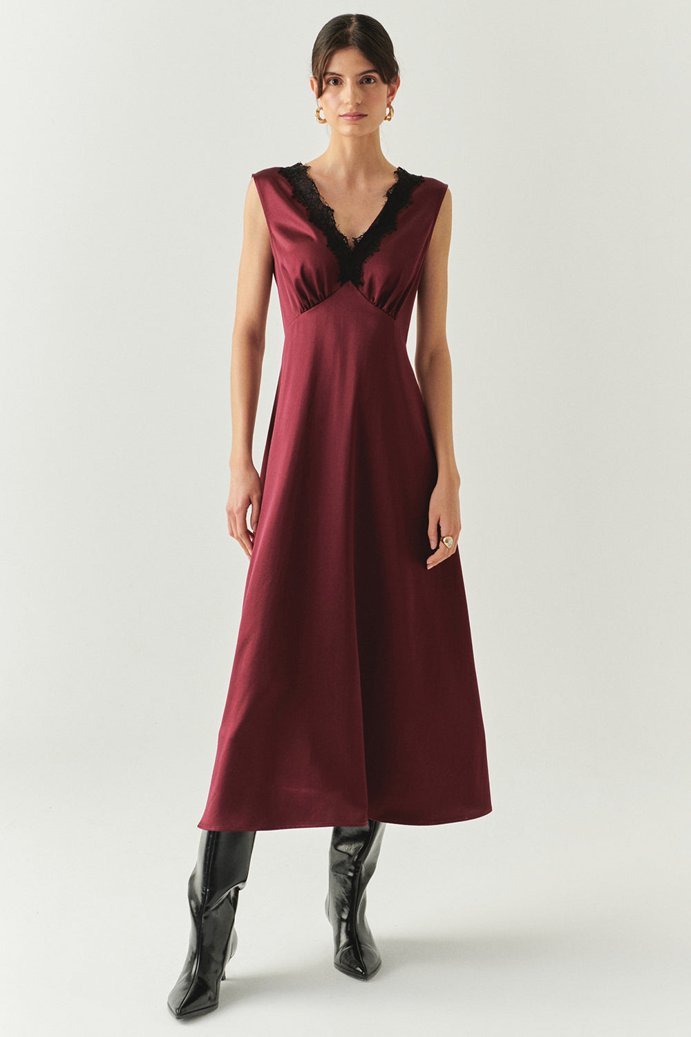 gold jewelry with burgundy dress Chana Satin Midi Dress