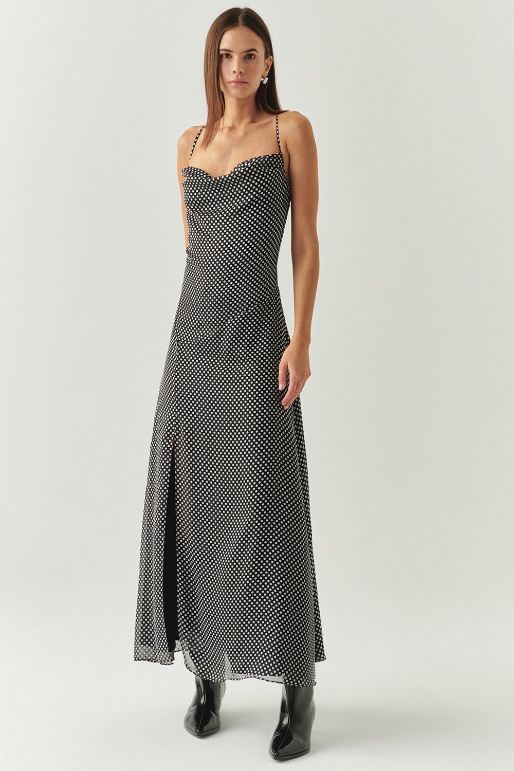 Polka Dot Cowl Neck Slit Detail Regular Midi Grey Black Dress Grey Black