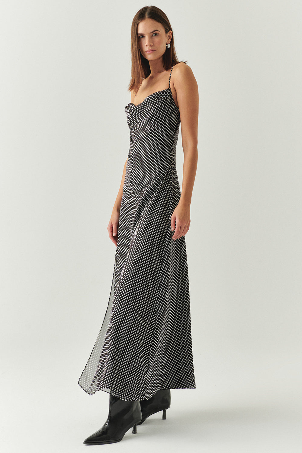 Polka Dot Cowl Neck Slit Detail Regular Midi Grey Black Dress Grey Black