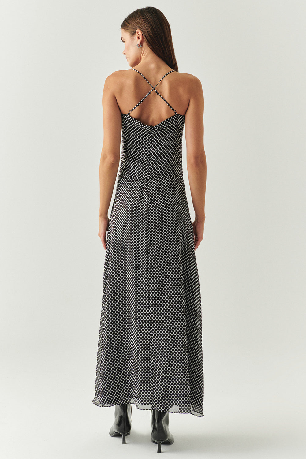Polka Dot Cowl Neck Slit Detail Regular Midi Grey Black Dress Grey Black
