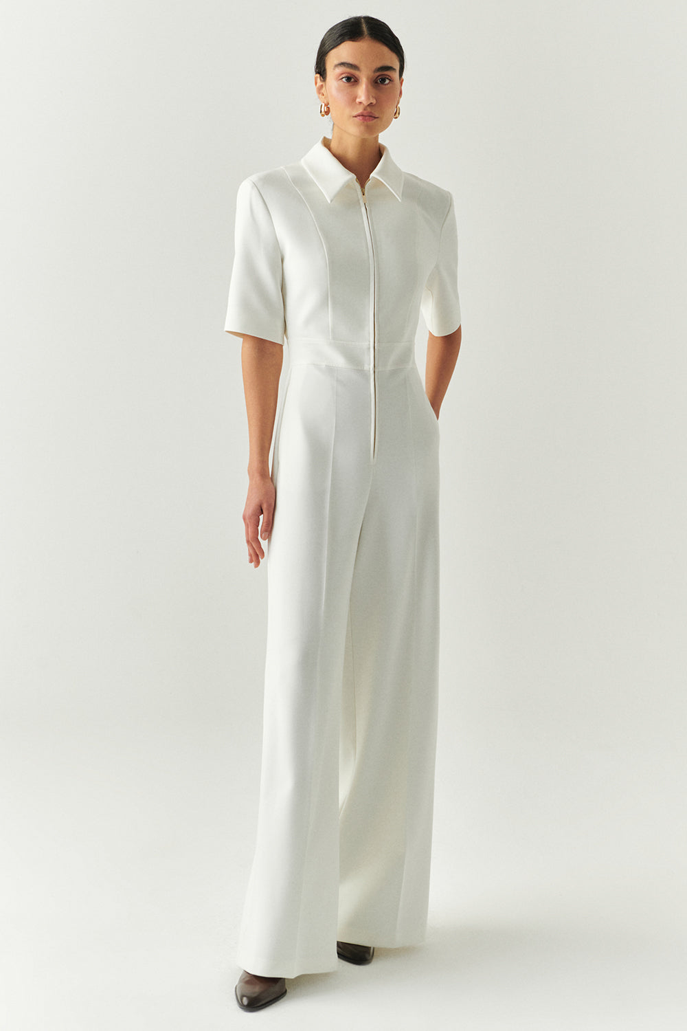 Valery Cream Short Sleeve Shirt Collar Jumpsuit with Pockets