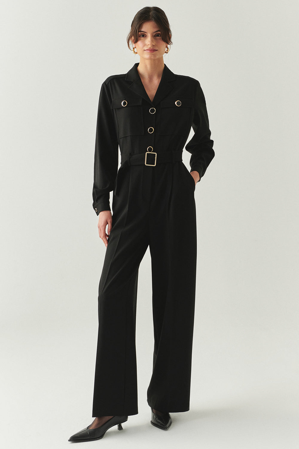 Emmalyn Black Long Sleeve Shirt Collar Jumpsuit with Pockets