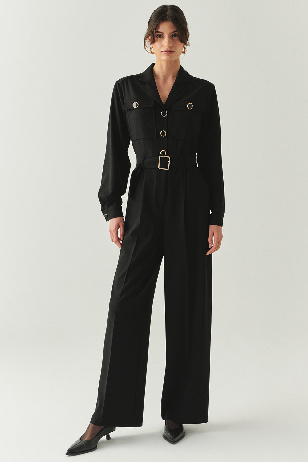 Emmalyn Black Long Sleeve Shirt Collar Jumpsuit with Pockets