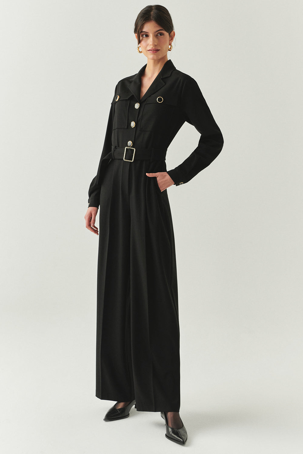 Emmalyn Black Long Sleeve Shirt Collar Jumpsuit with Pockets