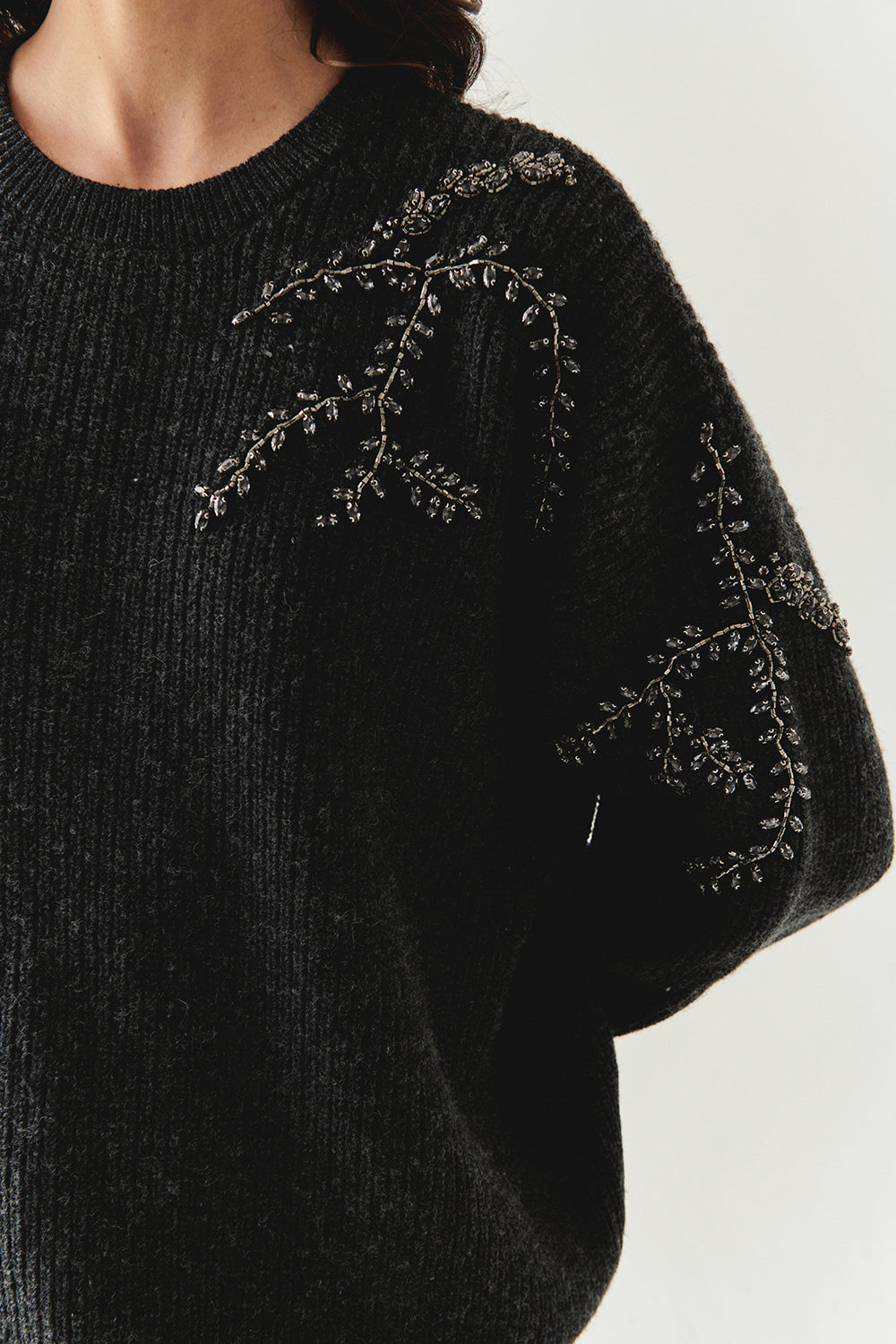 Grace Crew Neck Long Sleeve Sweater with Beaded Sleeves