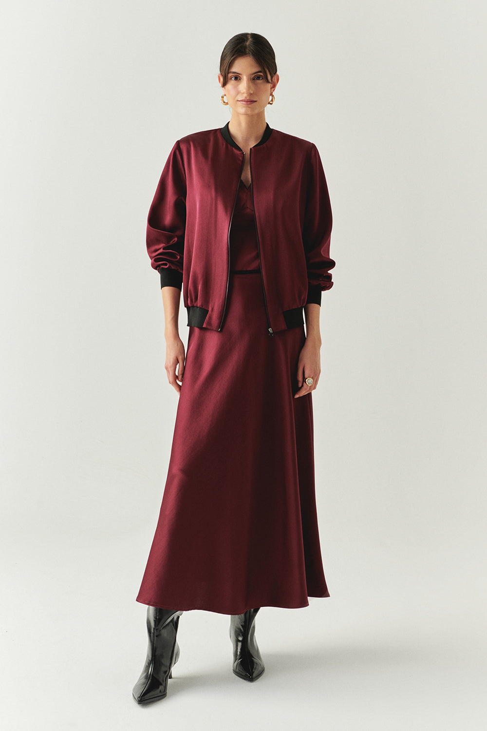 Lacey Satin Bomber-Style Crew Neck Jacket with Pockets