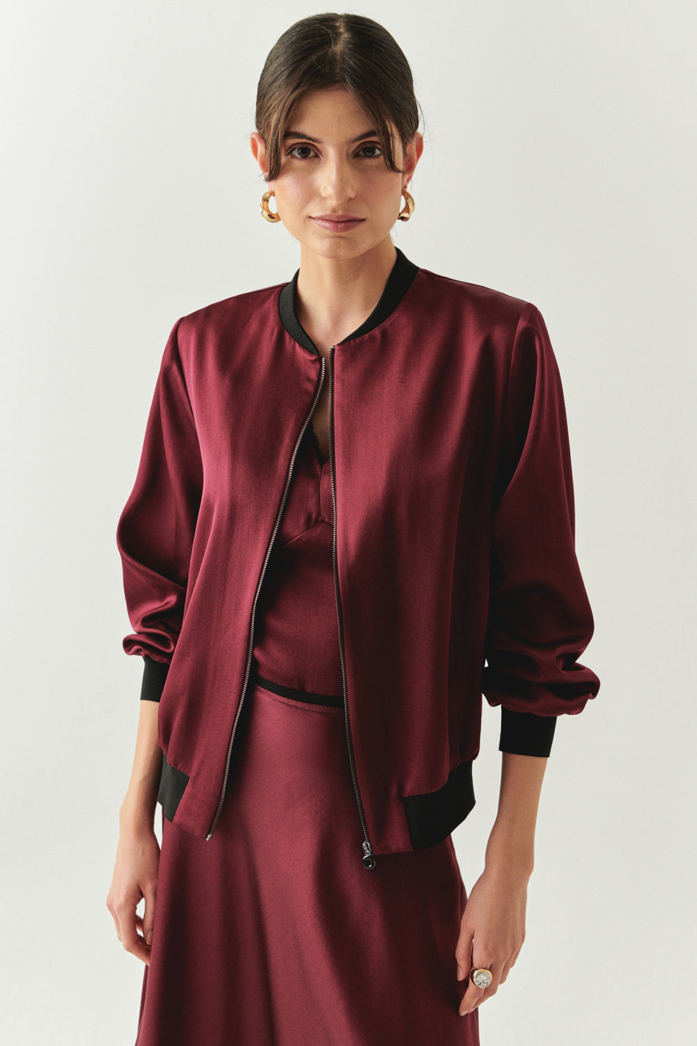 Lacey Satin Bomber-Style Crew Neck Jacket with Pockets