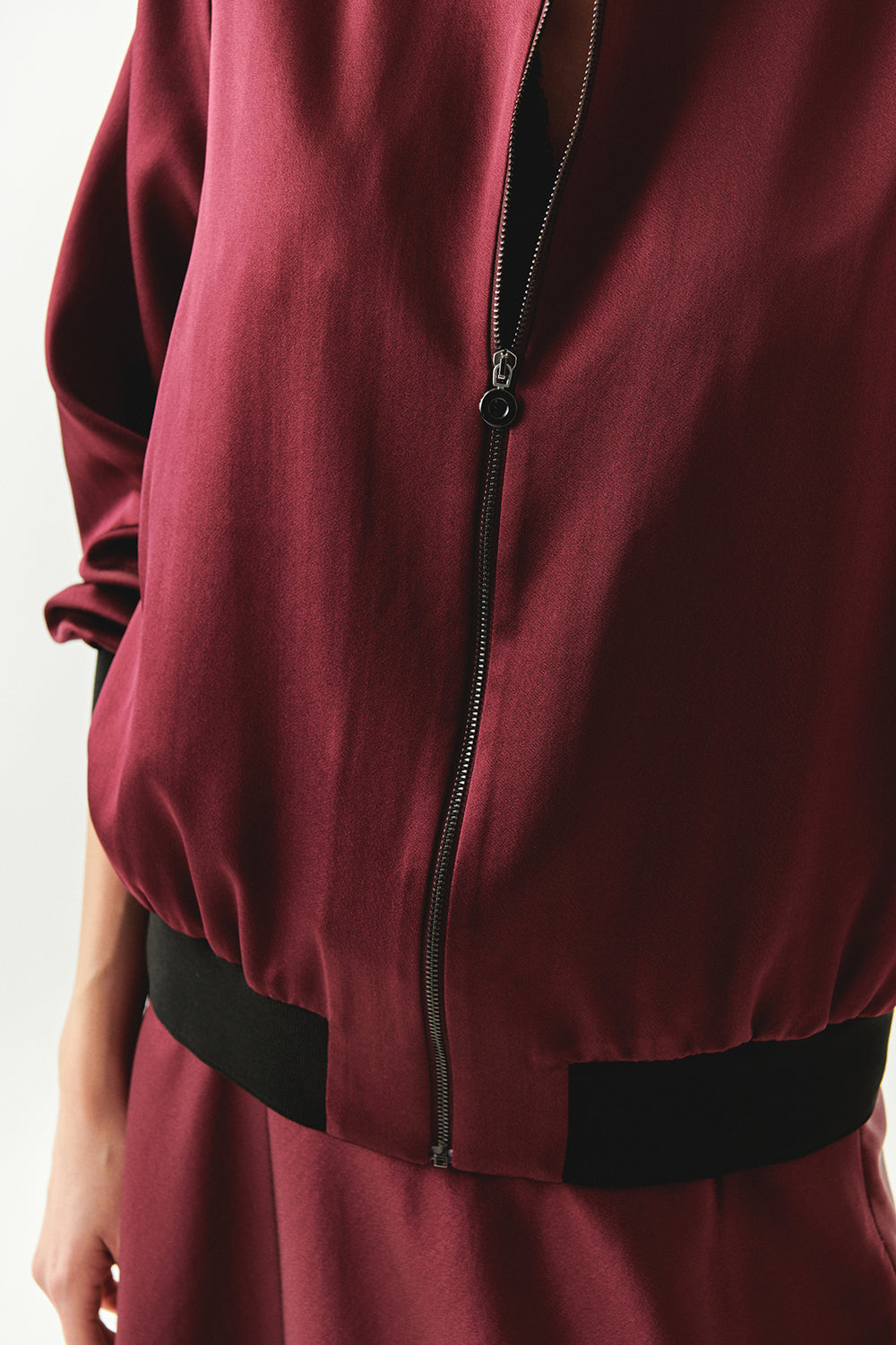 Lacey Satin Bomber-Style Crew Neck Jacket with Pockets