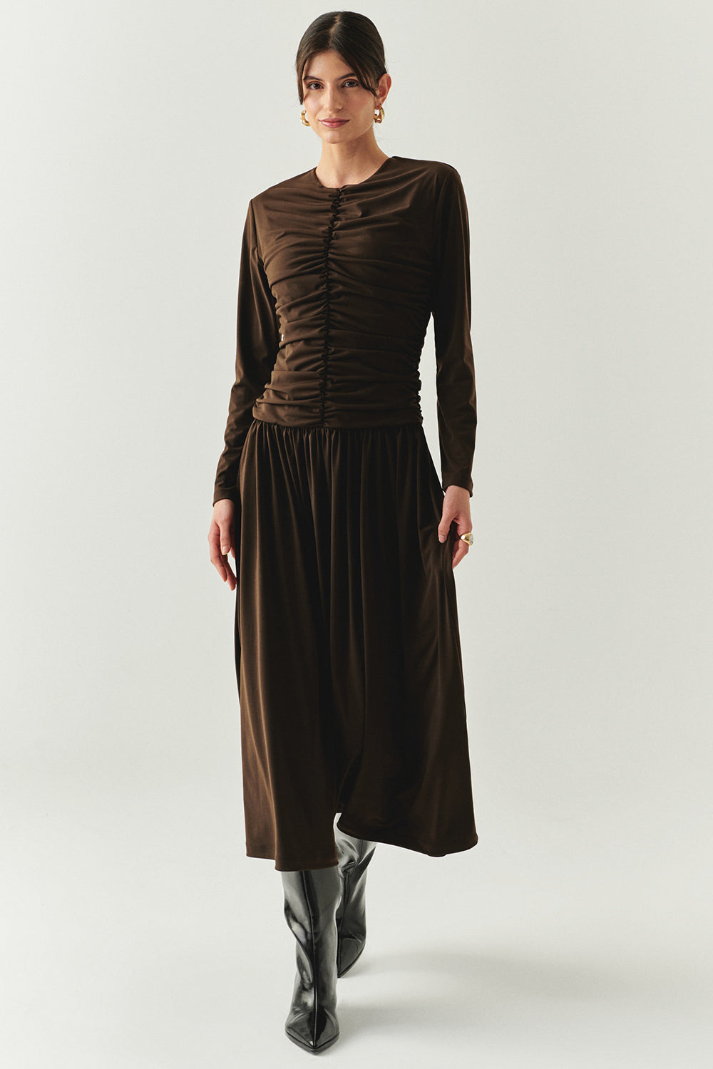 Melany Brown Long Sleeve V-Neck Knit Dress