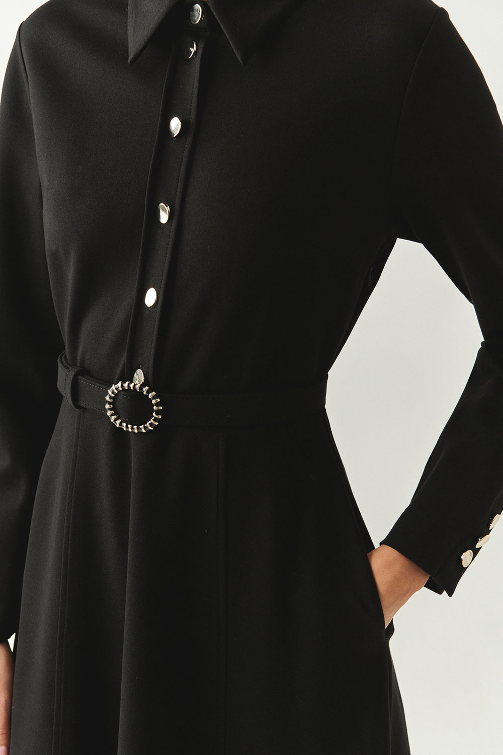 Georgina Long Sleeve Shirt Collar Knit Dress with Pockets