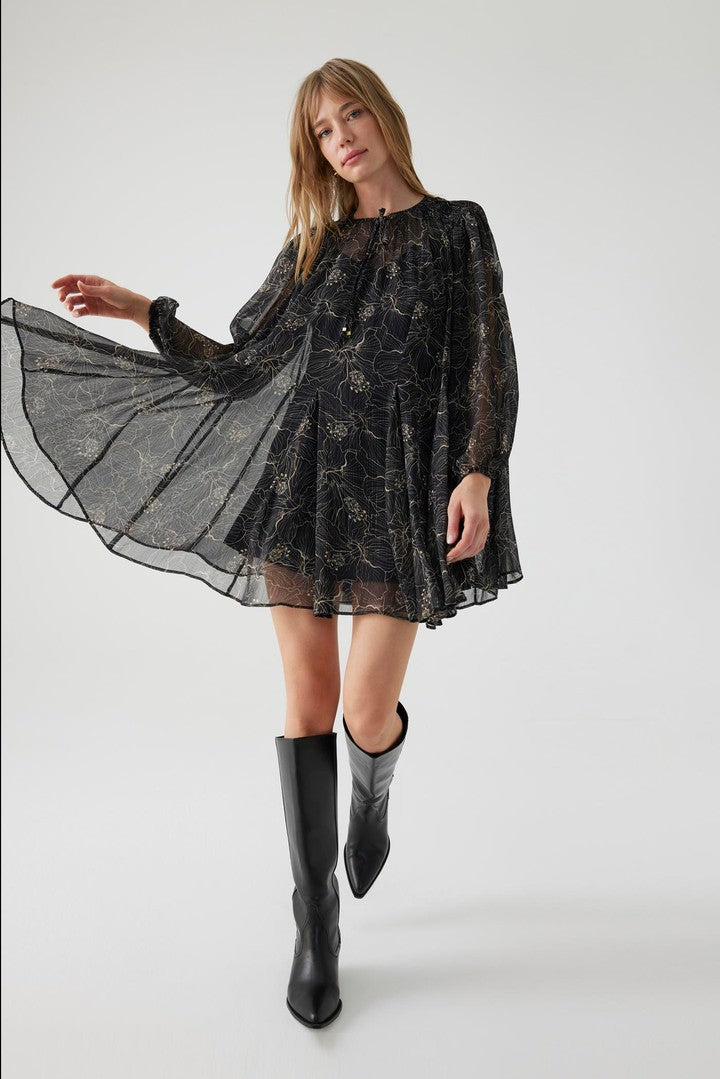 Regular Belted Waist Chiffon Mini Dress - Black