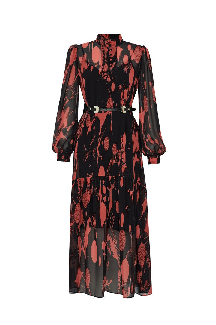 Regular Belted Chiffon Printed Dress - Red