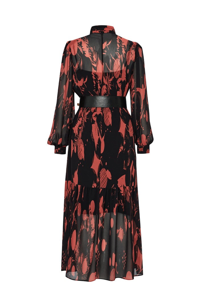 Regular Belted Chiffon Printed Dress - Red