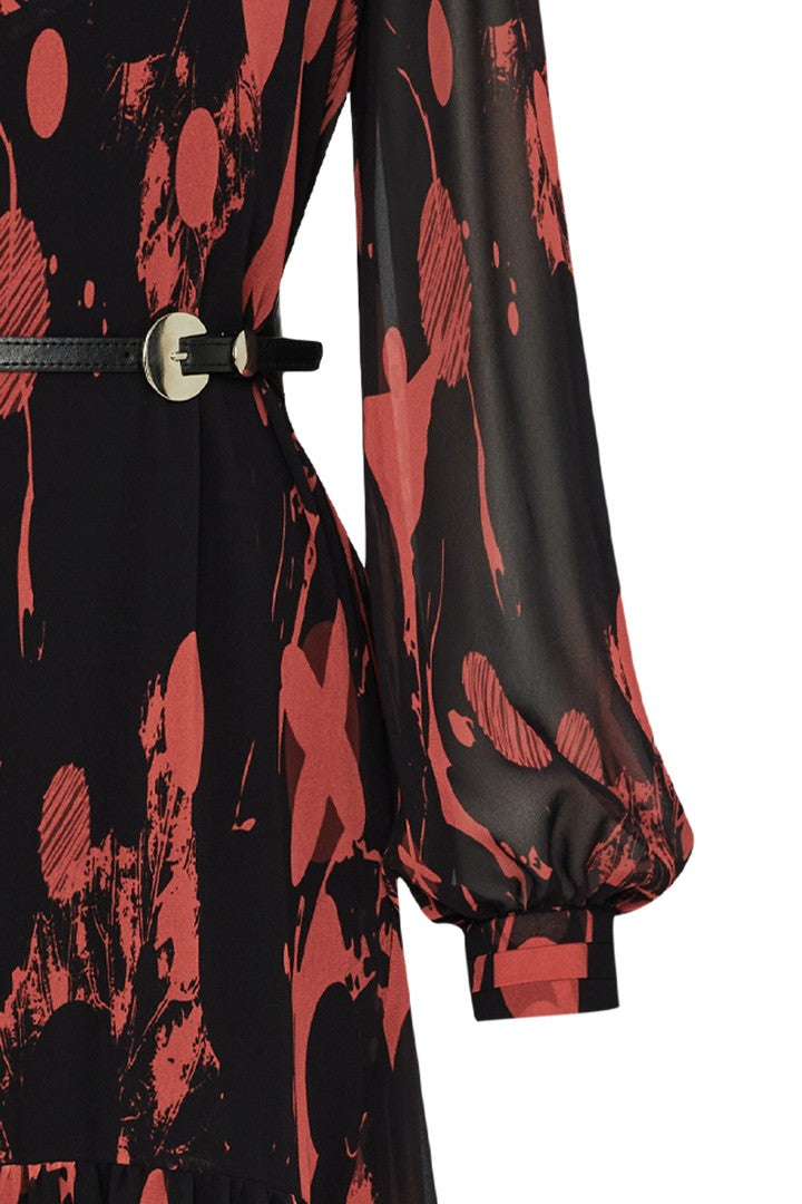 Regular Belted Chiffon Printed Dress - Red