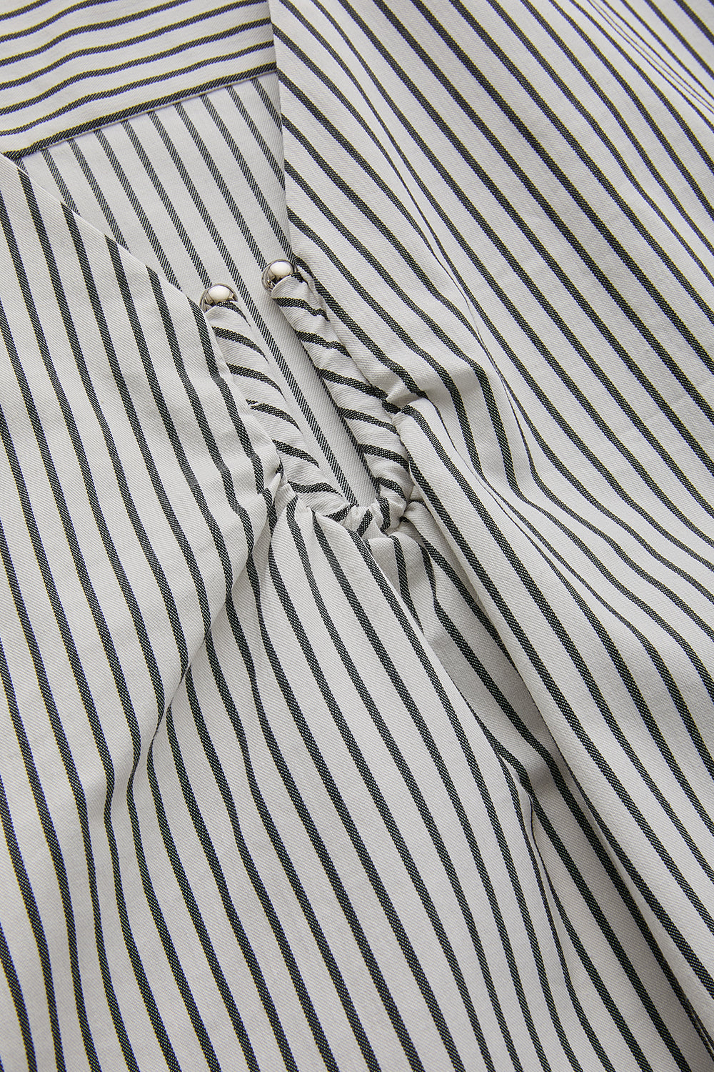 Relaxed Striped Pleated Buckle-Neck Cotton Dress - White