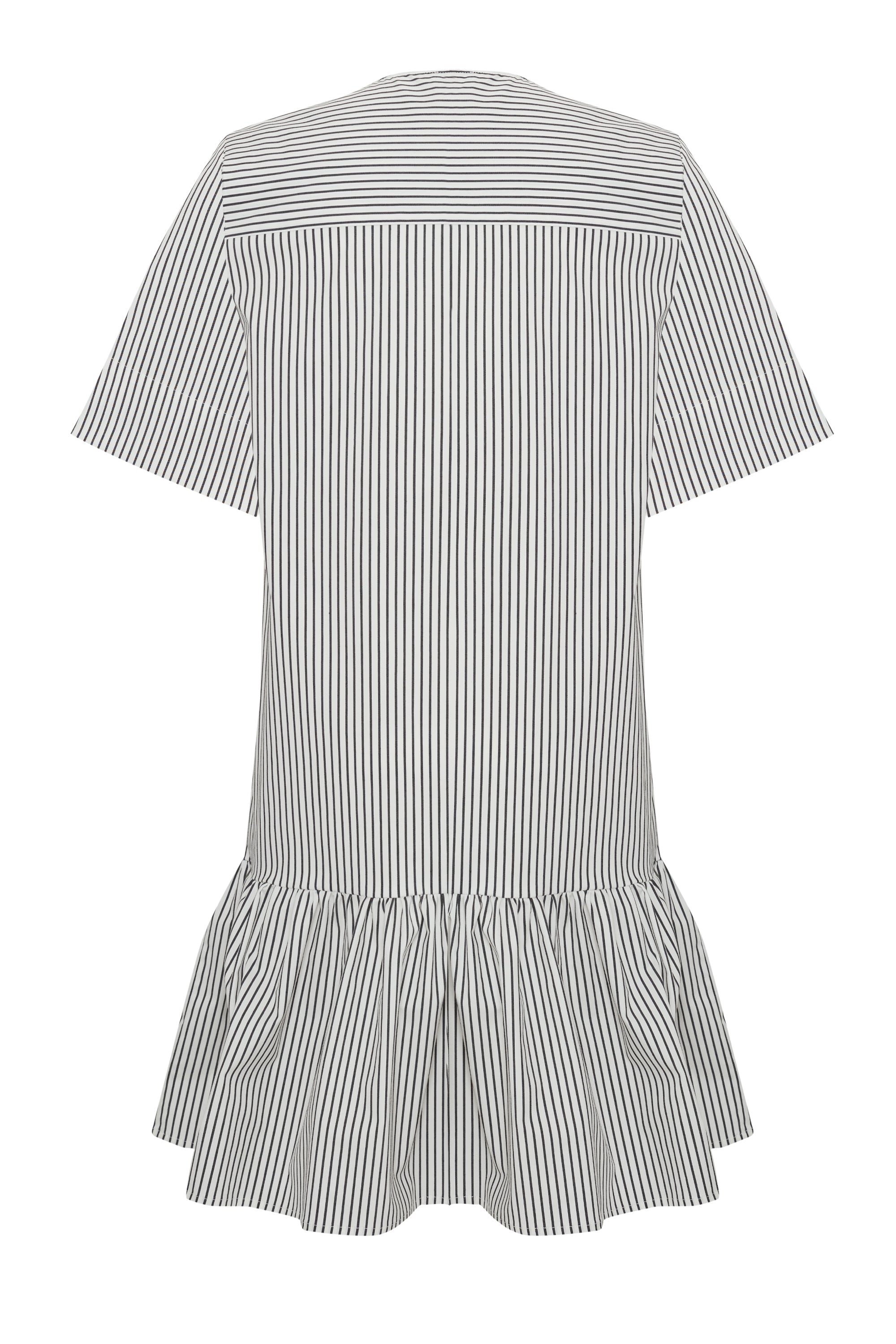 Relaxed Striped Pleated Buckle-Neck Cotton Dress - White
