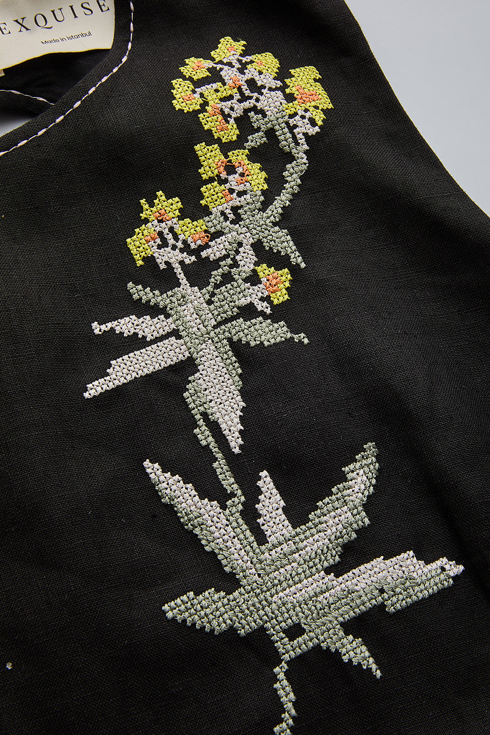 Regular Floral Embroidered Belted Linen Midi Dress - Black