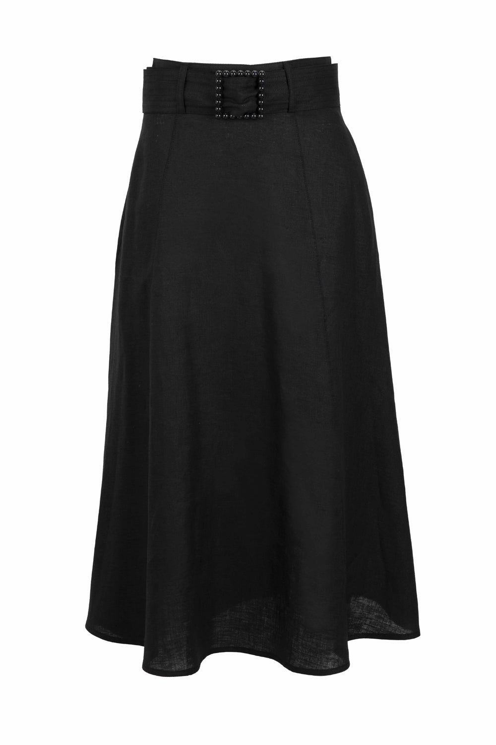 Pure Linen Fabric Belted Midi Black Flared Skirt