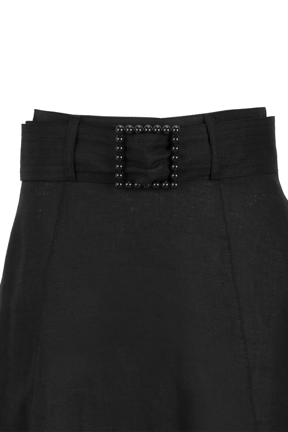 Pure Linen Fabric Belted Midi Black Flared Skirt
