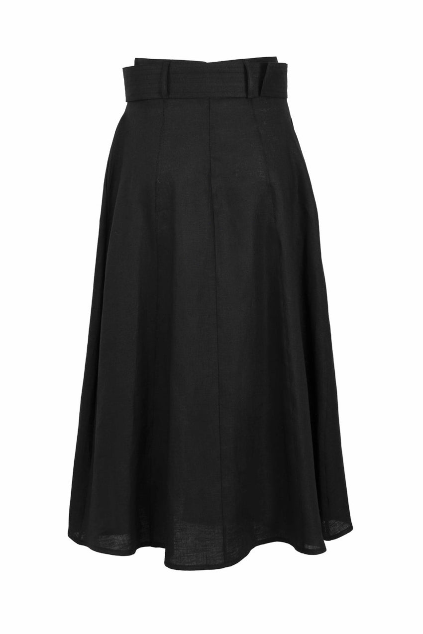 Pure Linen Fabric Belted Midi Black Flared Skirt