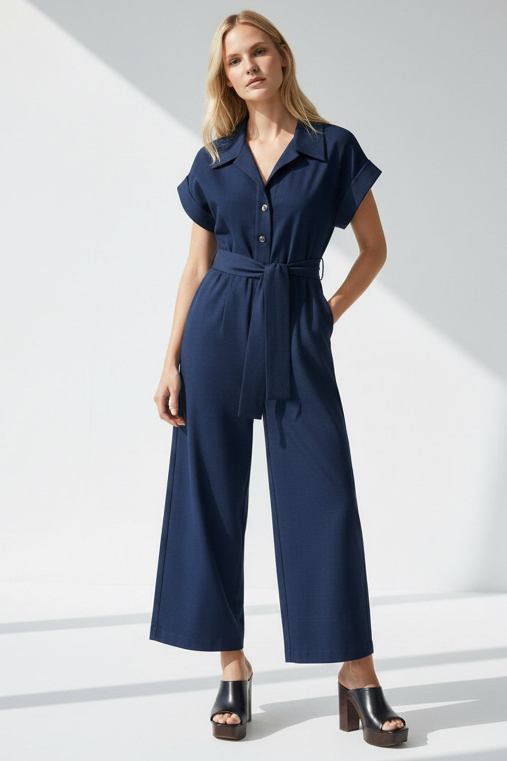 Shirt Collar Short Sleeve Pocket Belted Midi Jumpsuit - NAVY BLUE