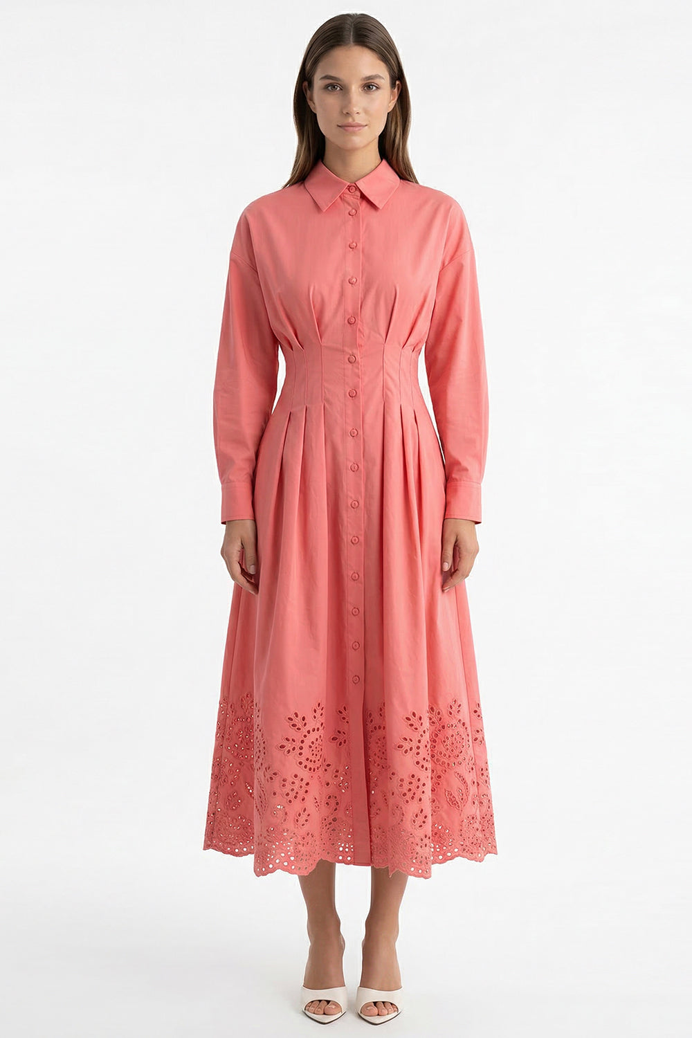 Embroidered Midi Shirt Dress - PINK