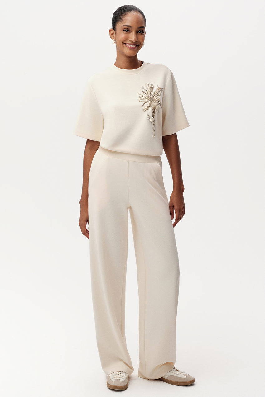 Ecru Wide Leg Knit Trousers