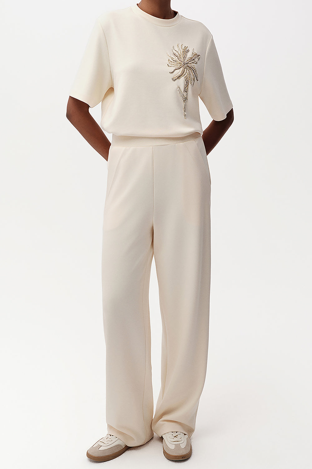 Ecru Wide Leg Knit Trousers