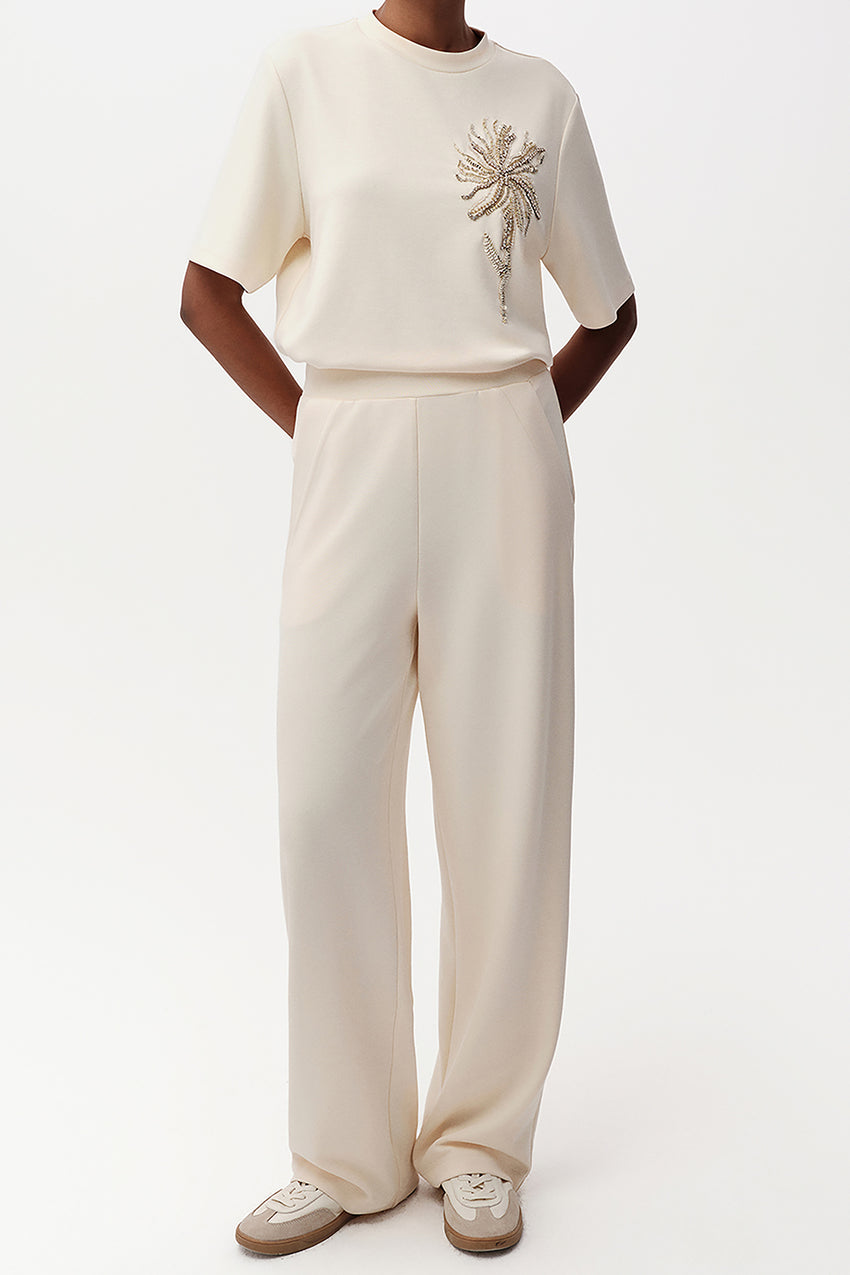 Ecru Wide Leg Knit Trousers