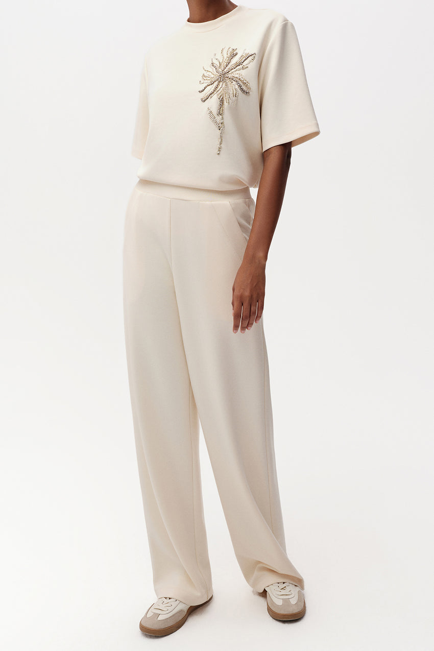 Ecru Wide Leg Knit Trousers