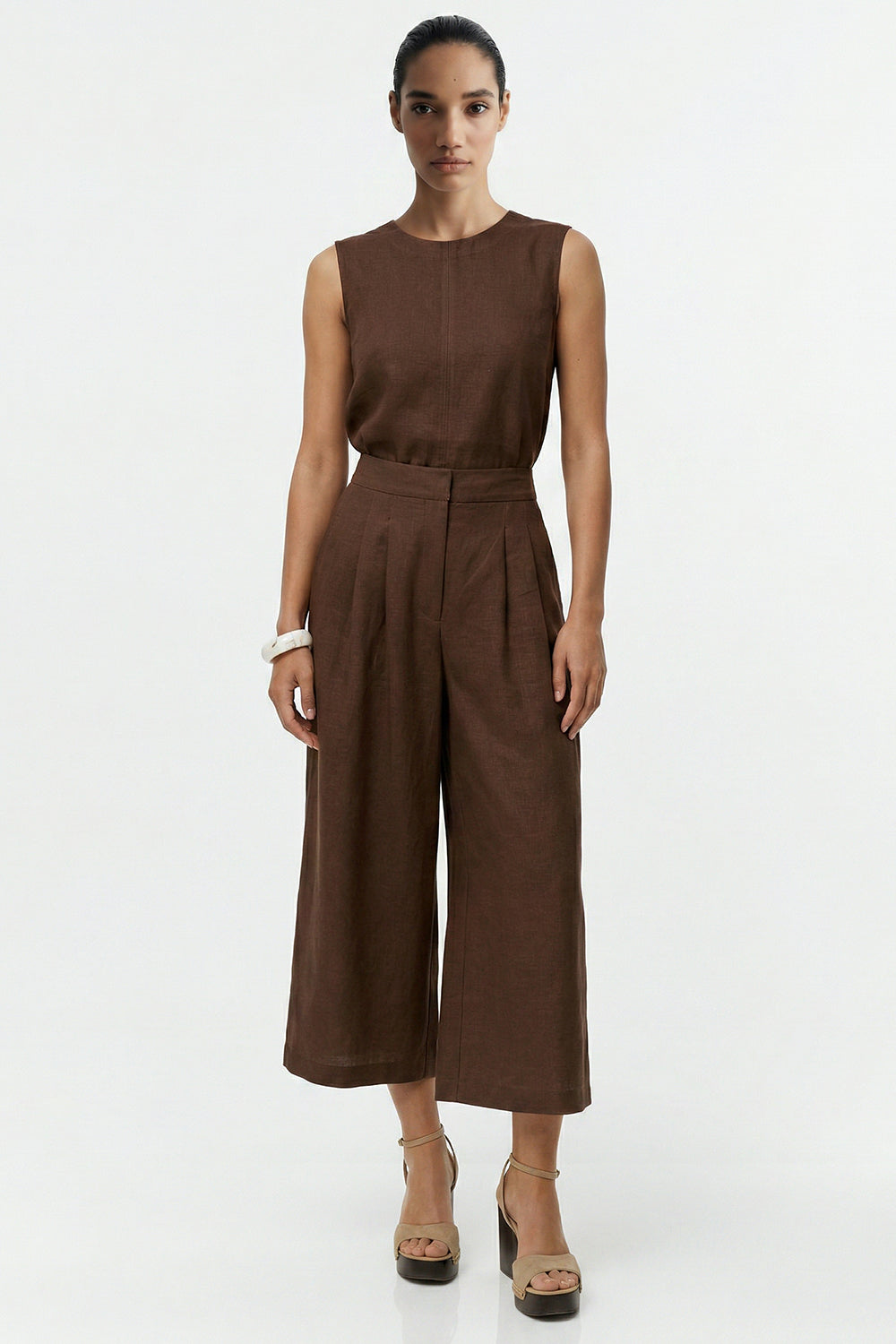 Pocket Zipper Culotte Linen Pants - BROWN