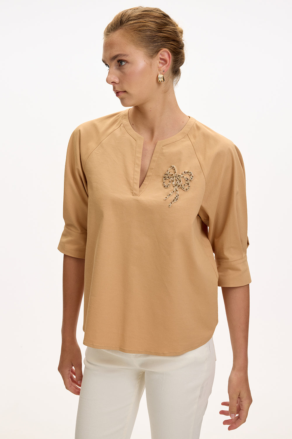 V Neck Short Sleeve Blouse - CAMEL