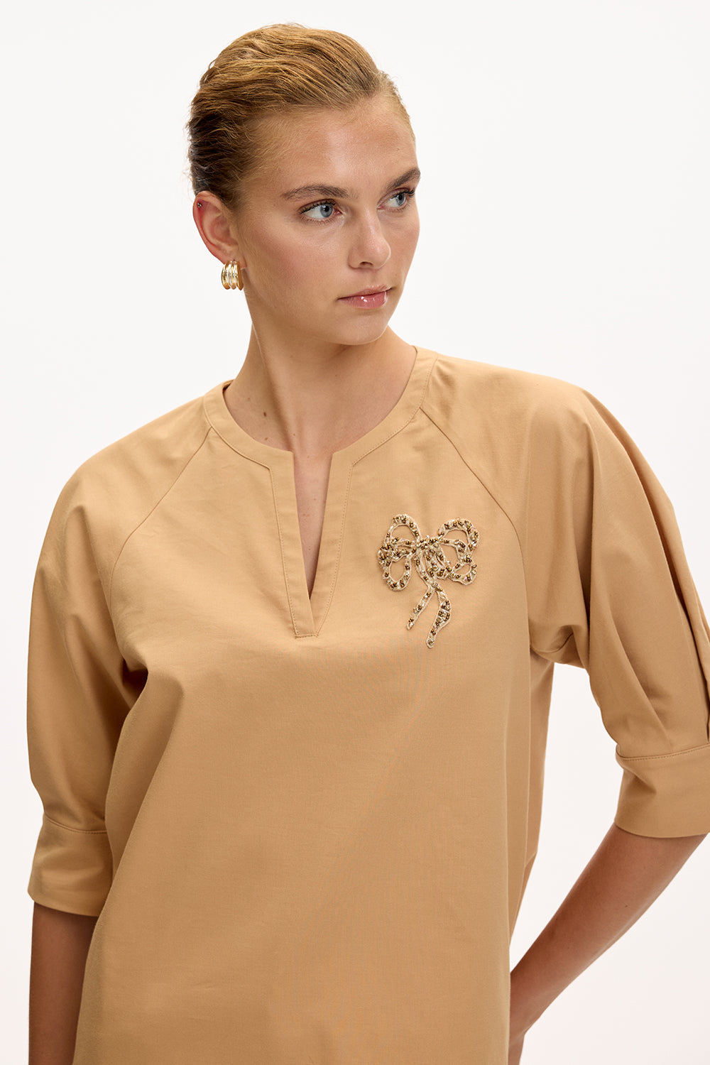 V Neck Short Sleeve Blouse - CAMEL