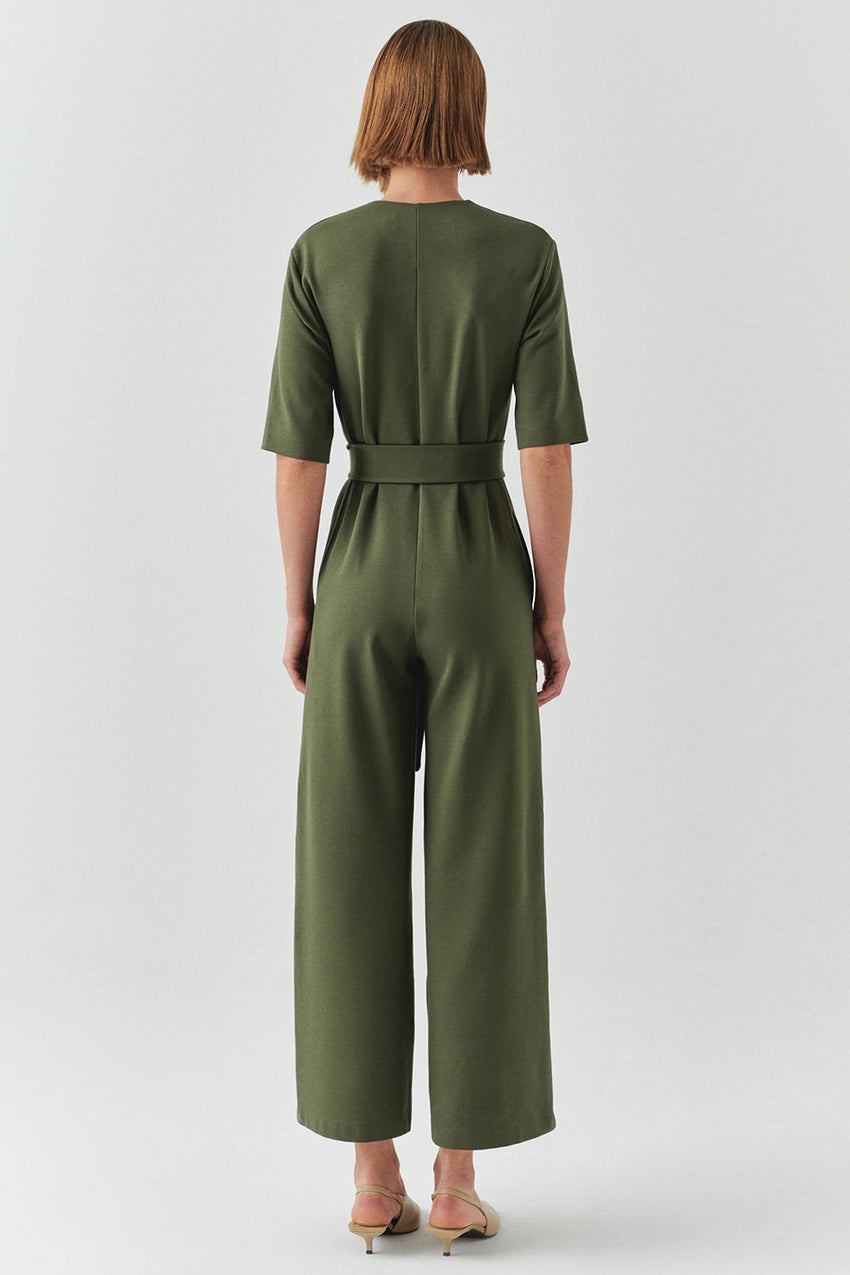 Cynthia Short Sleeve V-Neck Knit Jumpsuit with Pockets Khaki
