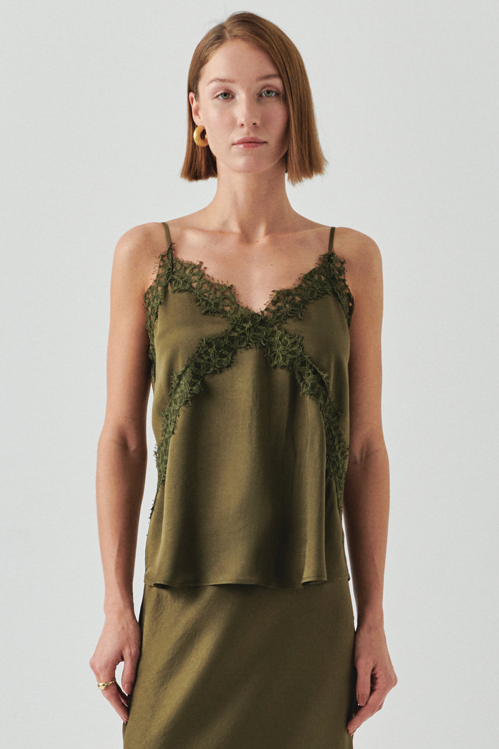 Hana Khaki V-Neck Camisole with Lace Detail