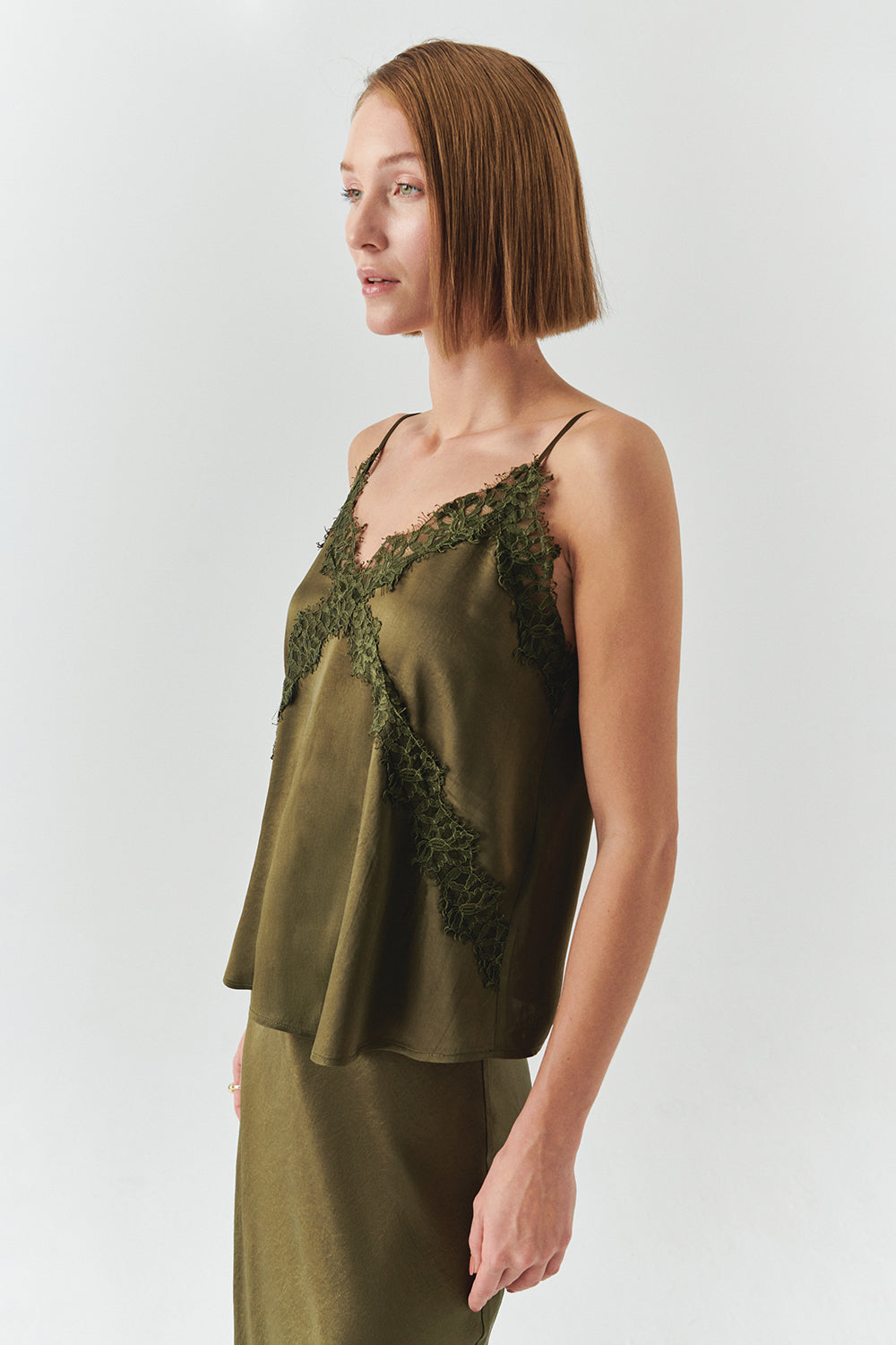 Hana Khaki V-Neck Camisole with Lace Detail