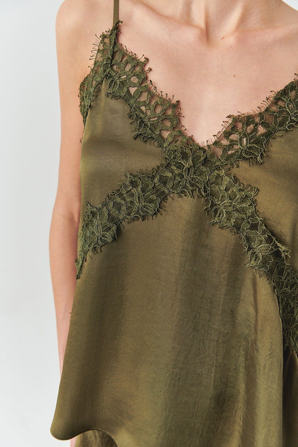 Hana Khaki V-Neck Camisole with Lace Detail