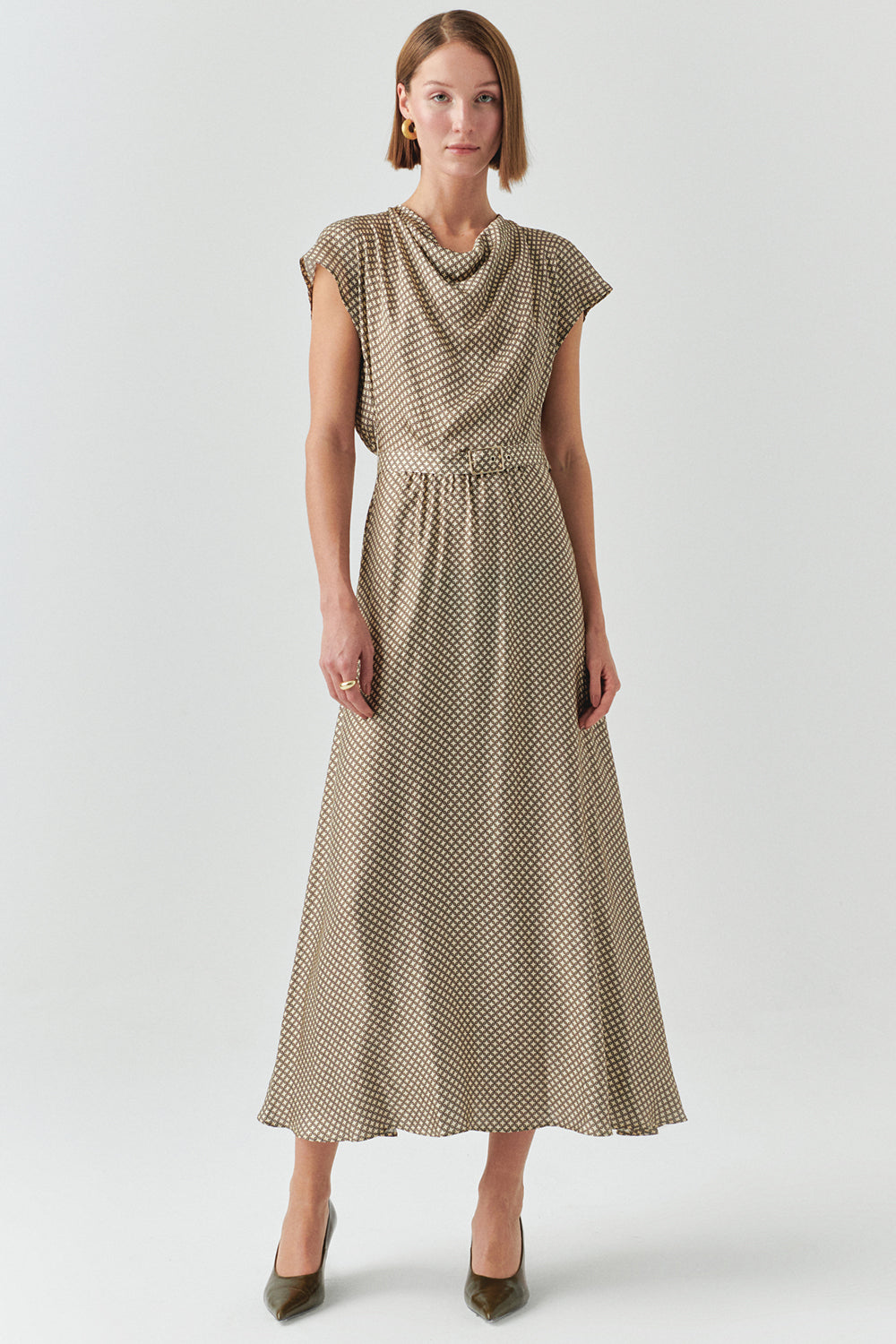 Leslie Geo Printed Cowl Neck Dress
