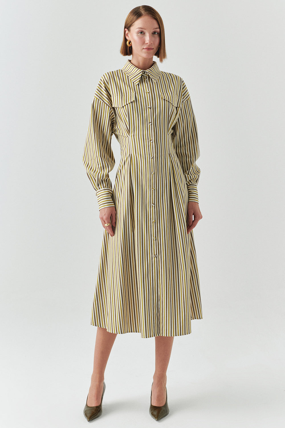 Flora Striped Long Sleeve Pleated Waist Shirt Dress