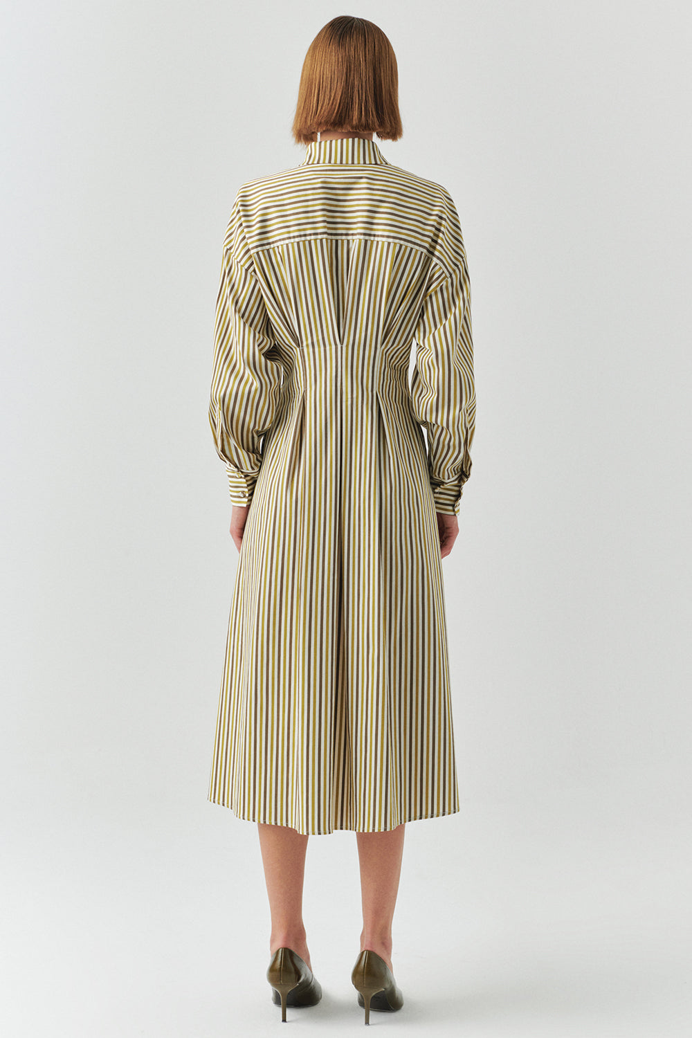 Flora Striped Long Sleeve Pleated Waist Shirt Dress