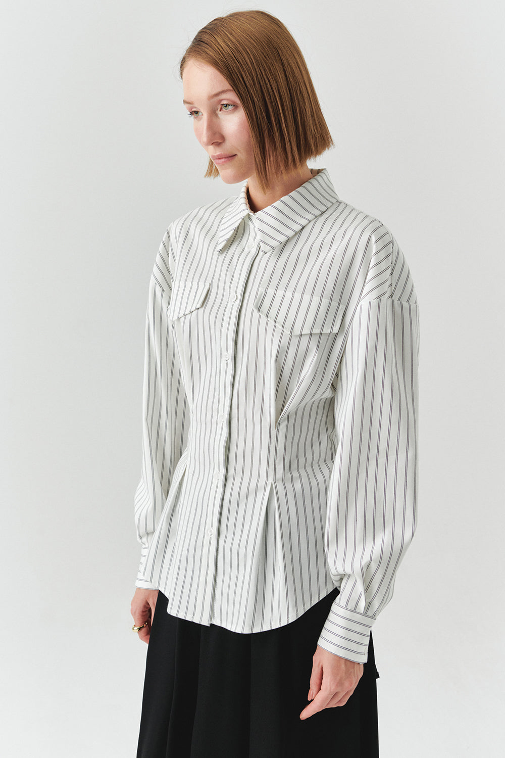 Striped Long Sleeve Slim Fit White Shirt White Black