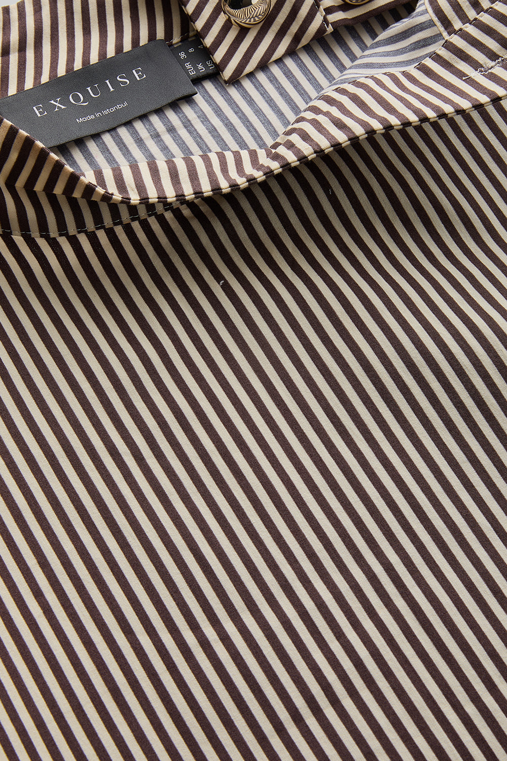 Indigo Brown-Bone Striped Cotton Blouse with High Neck, Tie Detail, and Long Sleeves