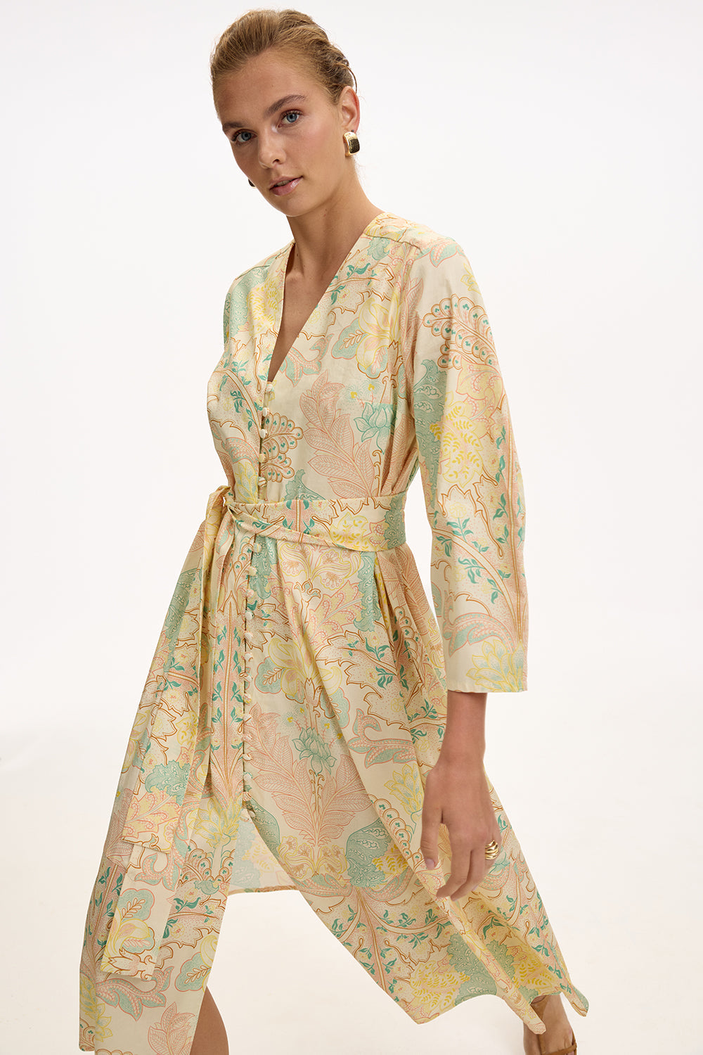 V Neck Long Sleeve Midi Dress - MULTI COLOR