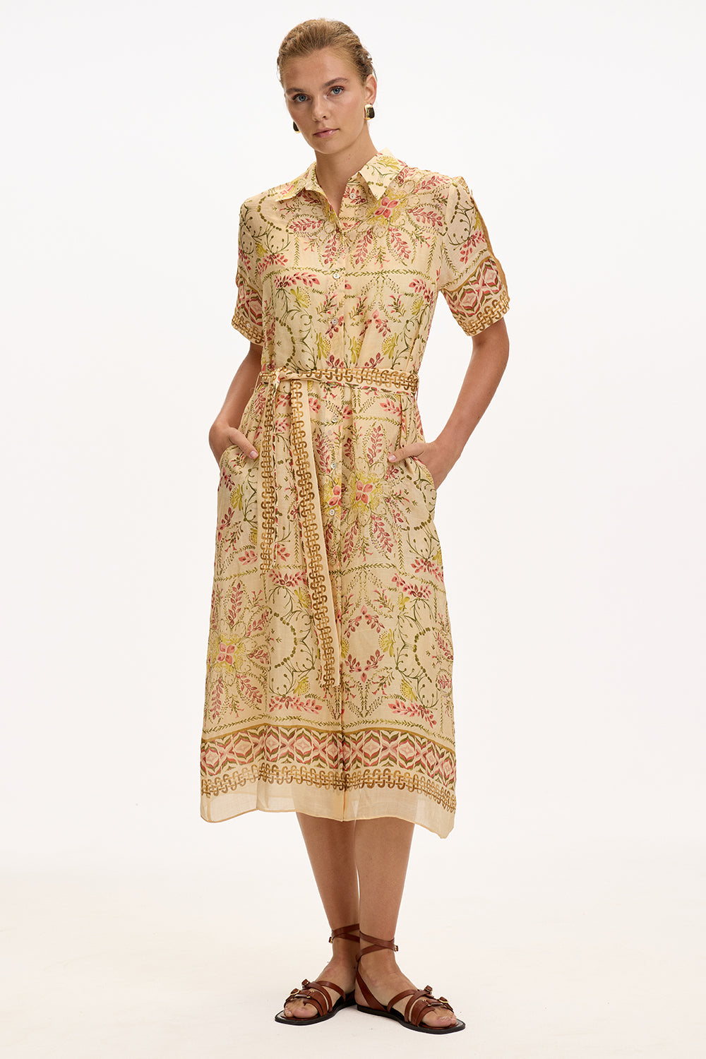 Shirt Short Sleeve Belted Midi Dress - MULTI COLOR