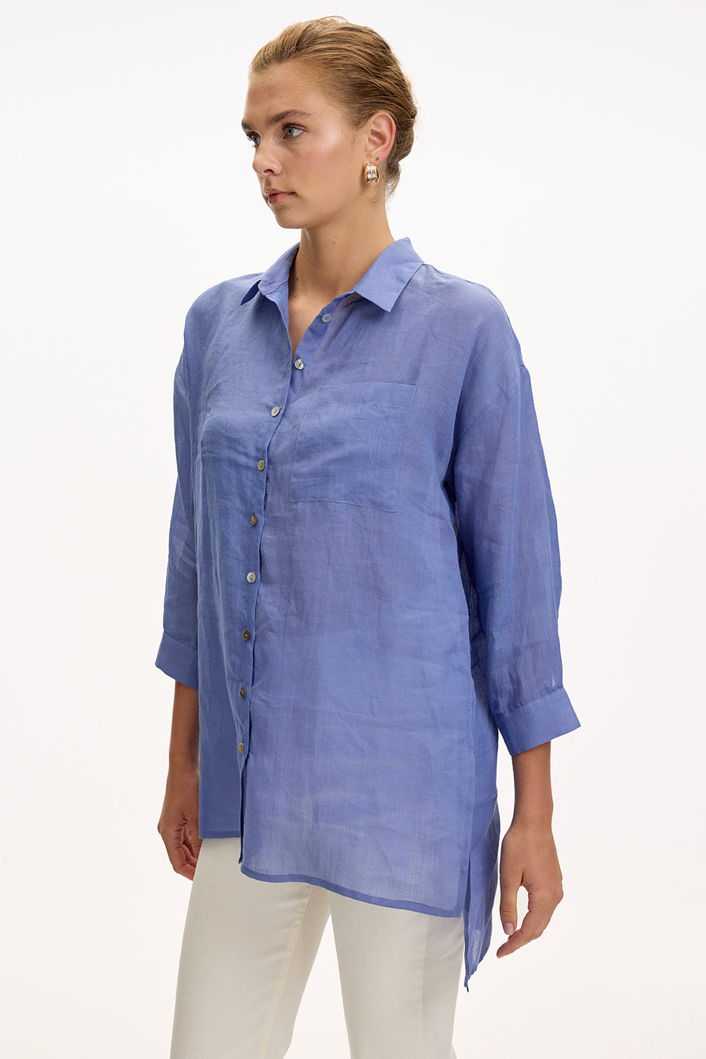 Shirt Collar Long Sleeve Linen Shirt - SAX