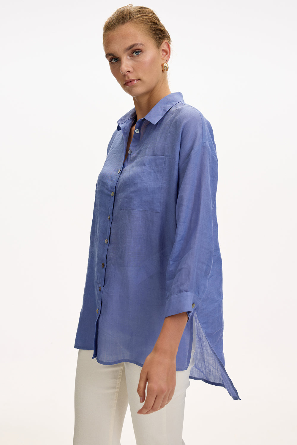 Shirt Collar Long Sleeve Linen Shirt - SAX
